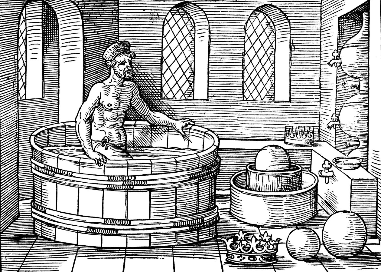 Arquímedes c287-212 a.C., matemático e inventor griego antiguo, en su baño de Unbekannt