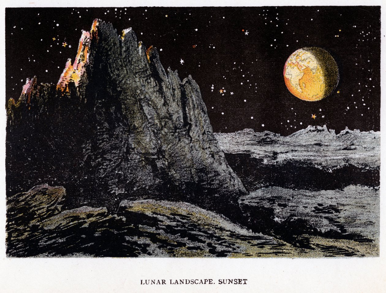 Impresión artística del paisaje lunar al atardecer, 1884 de Unbekannt