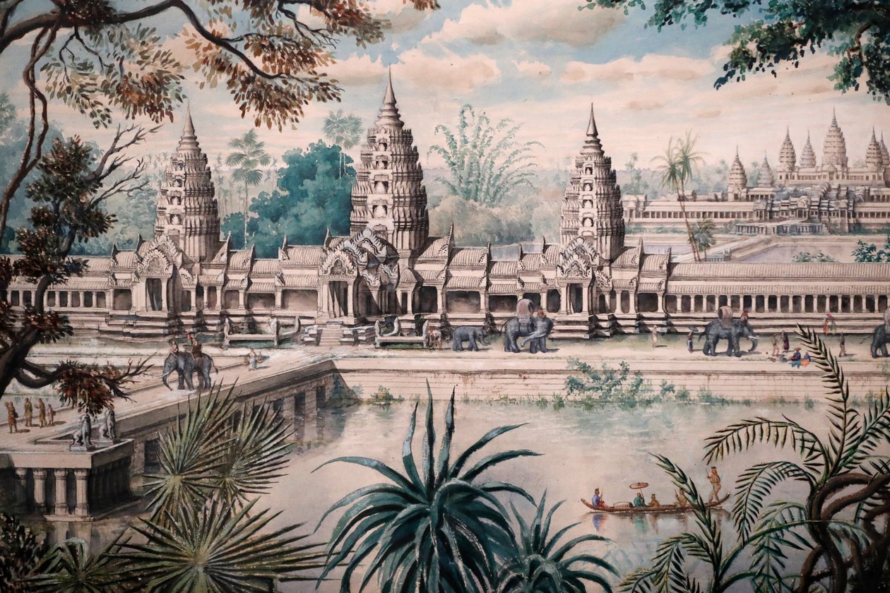Museo de Civilizaciones Asiáticas, Angkor, Explorando la ciudad sagrada de Camboya, Vista de Angkor Wat, Impresión basada en un dibujo de Jacques Guiaud después de un boceto de Henri Mouhot, Vista de Angkor Wat por Louis Delaporte alrededor de 1870-73, Sin de Unbekannt