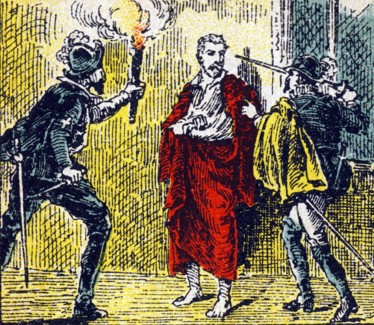 Asesinato de Gaspard de Coligny durante las masacres de San Bartolomé por un tal Besme el 24 de agosto de 1572. Grabado en "Histoire de France". Serie de imágenes publicitarias publicadas en nombre de Louit, 24 rue d