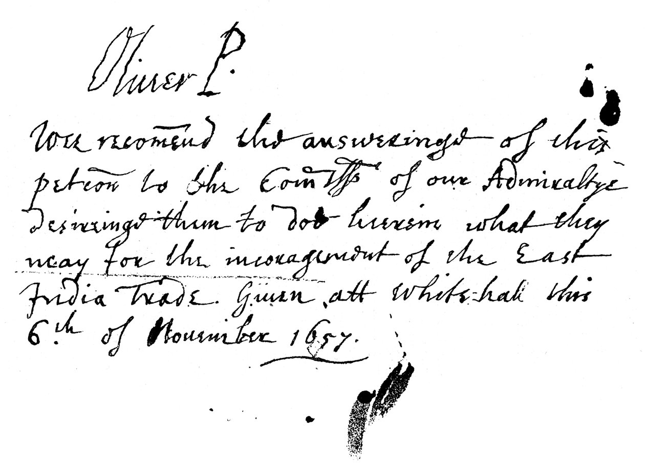 Nota autógrafa de Oliver Cromwell a una petición de la Compañía de las Indias Orientales, noviembre de 1657, 1893 de Unbekannt