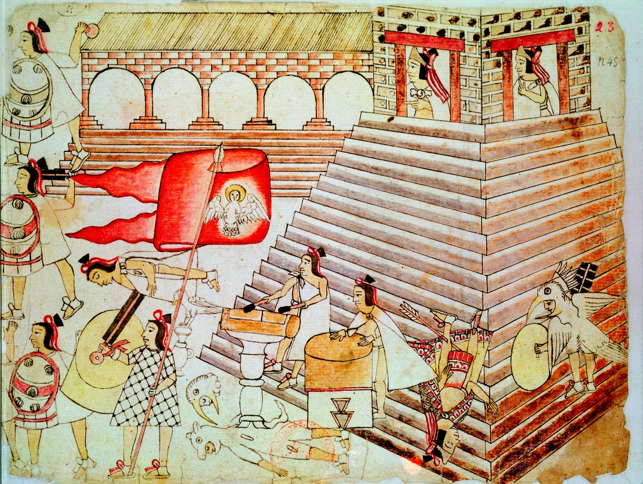 Guerreros aztecas defendiendo el templo de Tenochtitlán contra los conquistadores de Unbekannt