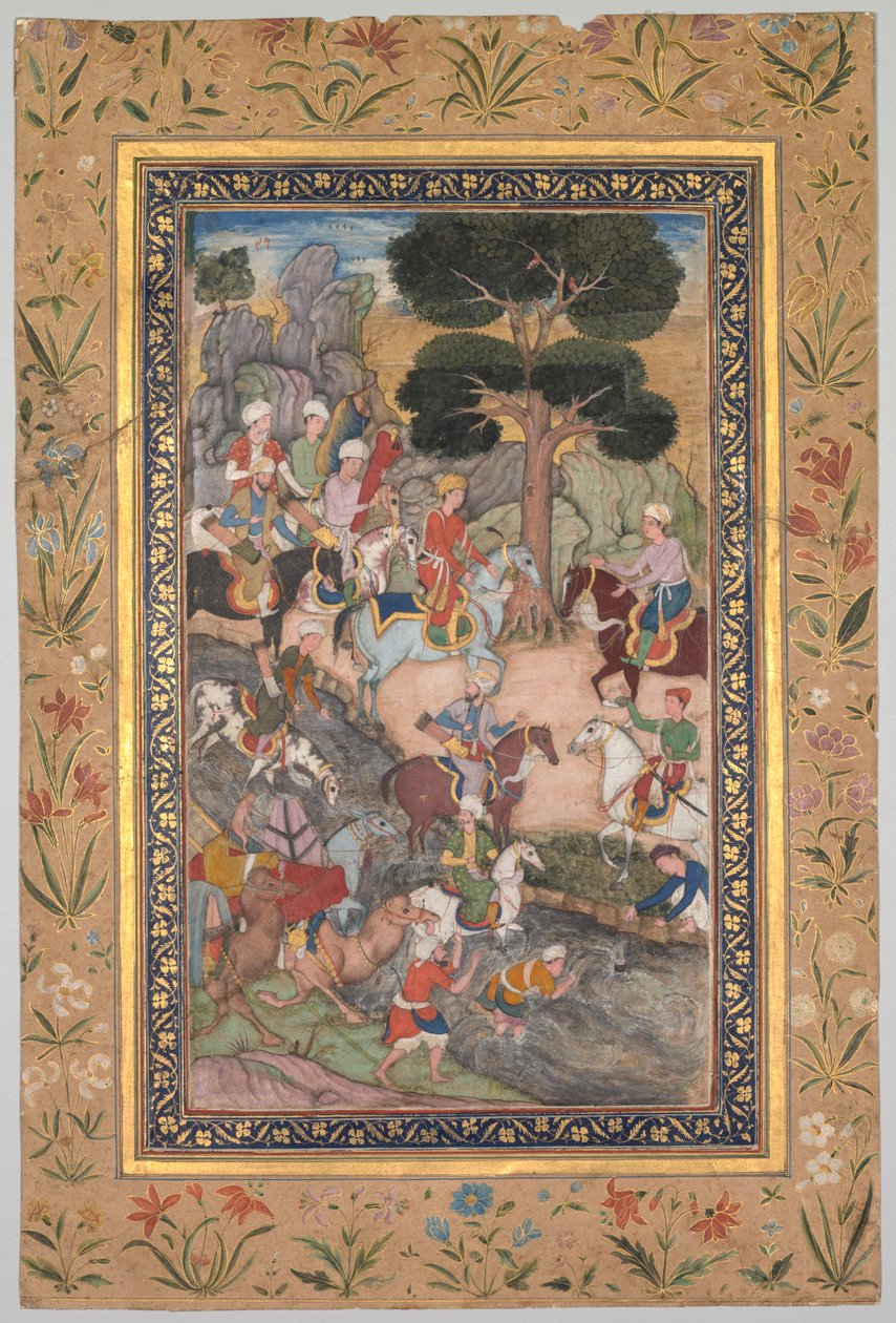 Babur reuniéndose con el Sultán Ali Mirza en el río Kohik, del Babur-nama Memorias de Babur, c. 159 de Unbekannt