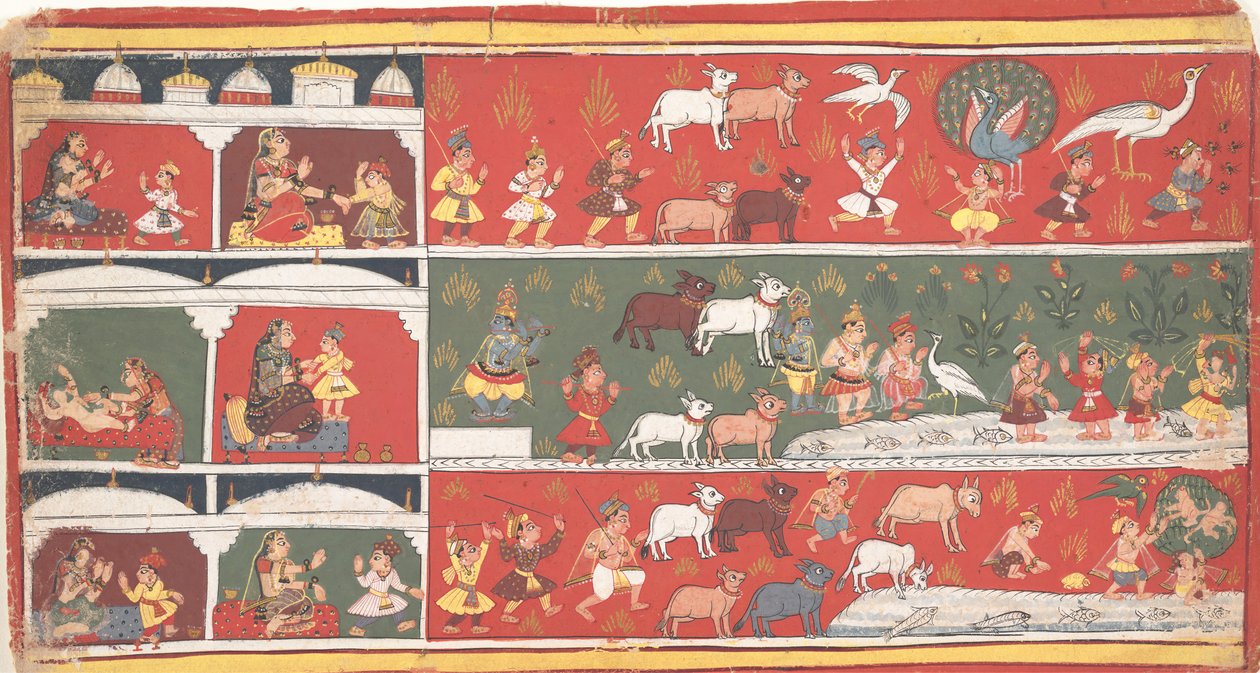 Bakasura, el demonio grulla, llega a Brindavan... un Bhagavata Purana disperso..., ca. 1700 de Unbekannt