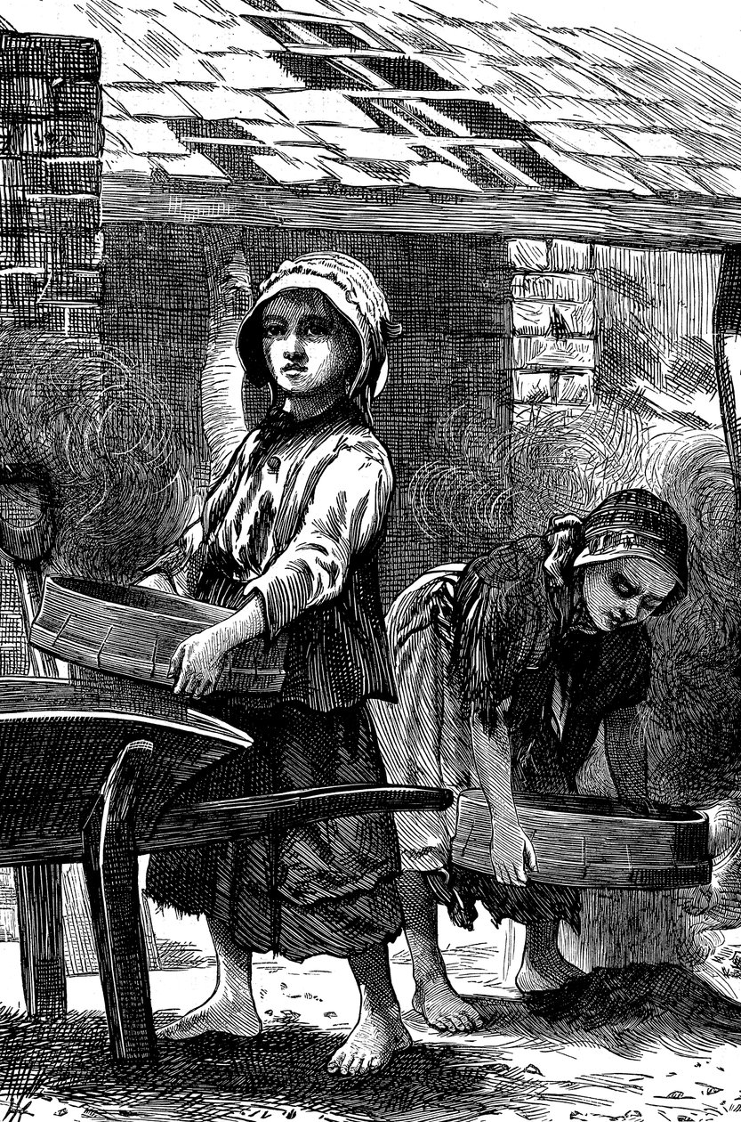 Niñas descalzas tamizando polvo en un ladrillar, 1871 de Unbekannt