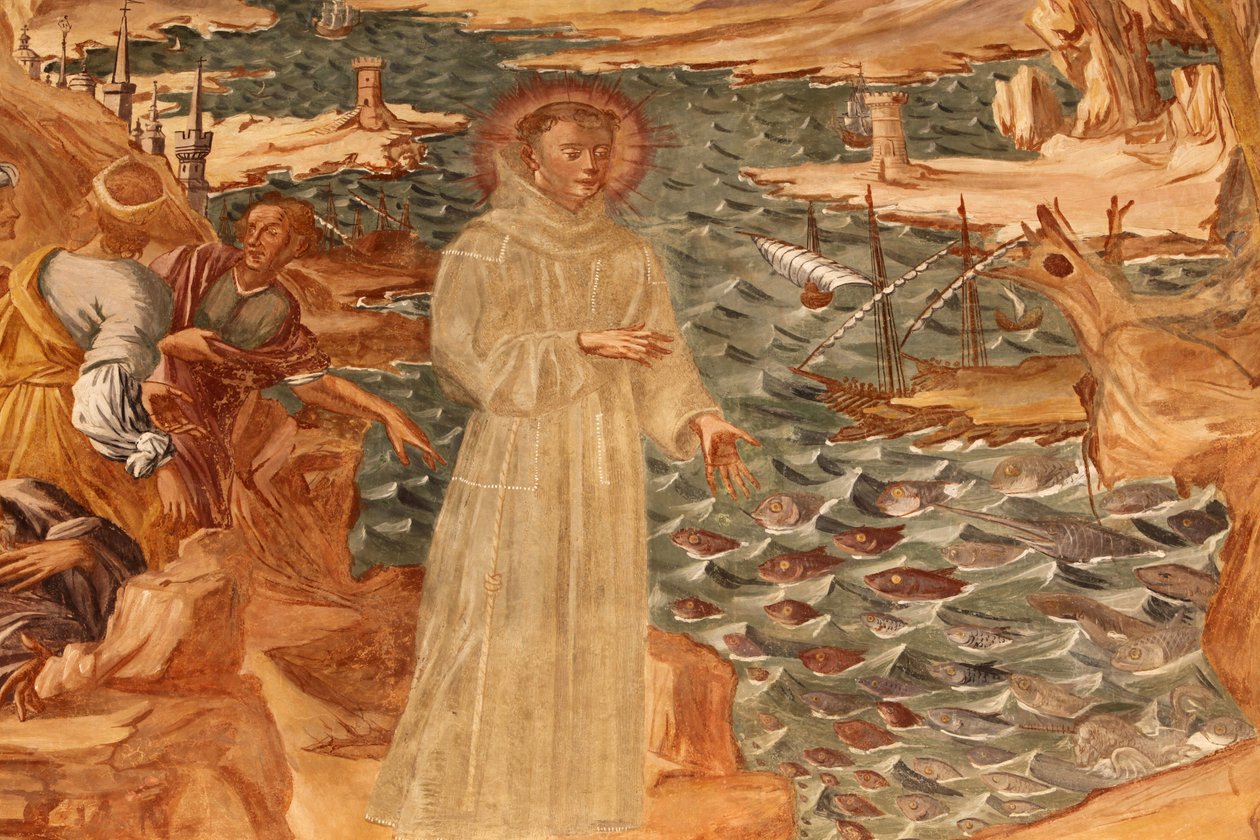 Basílica de Santa Caterina, Galatina, Apulia. Fresco en el claustro: San Antonio predicando a los peces pintado por el Hermano Joseph de Gravina en 1696, Galatina, Italia de Unbekannt