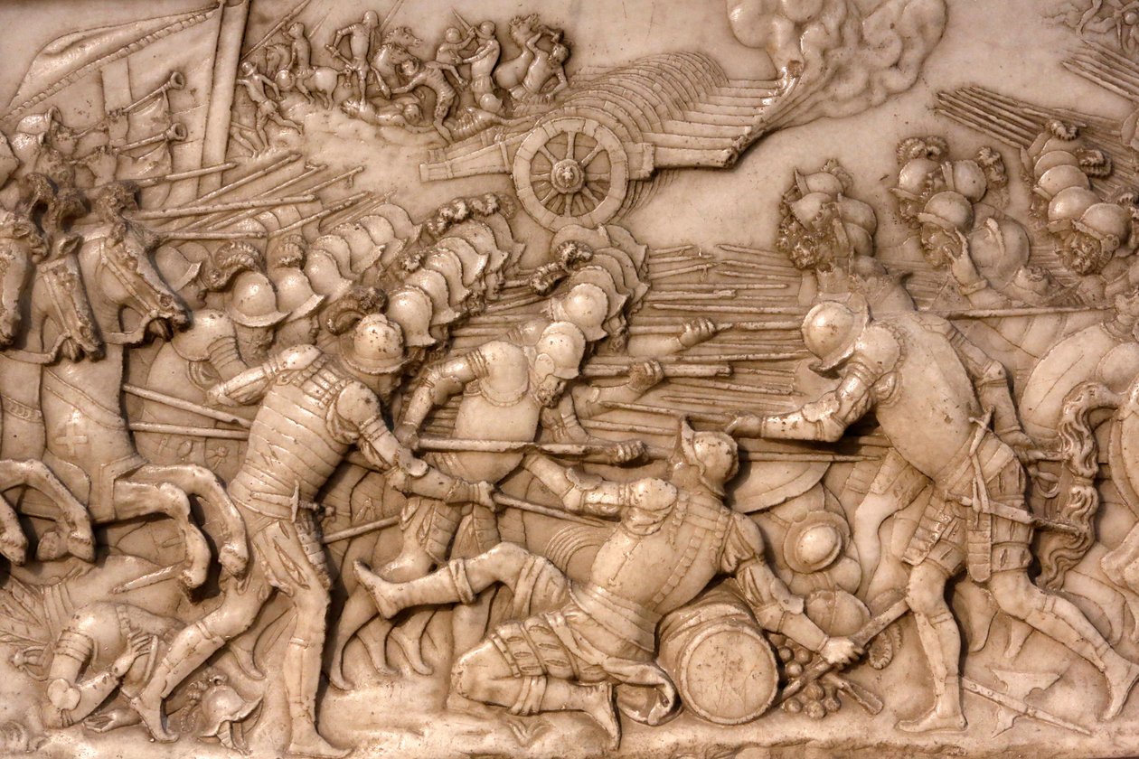 Basílica de San Denis, Tumba de Francisco I rey de Francia y Claudia de Francia, bajo relieve de la Fundación, Representación de la batalla de Marignano en 1515 - los franceses y su artillería enfrentando a la Antigua Confederación Suiza, Saint-Denis, Fran de Unbekannt