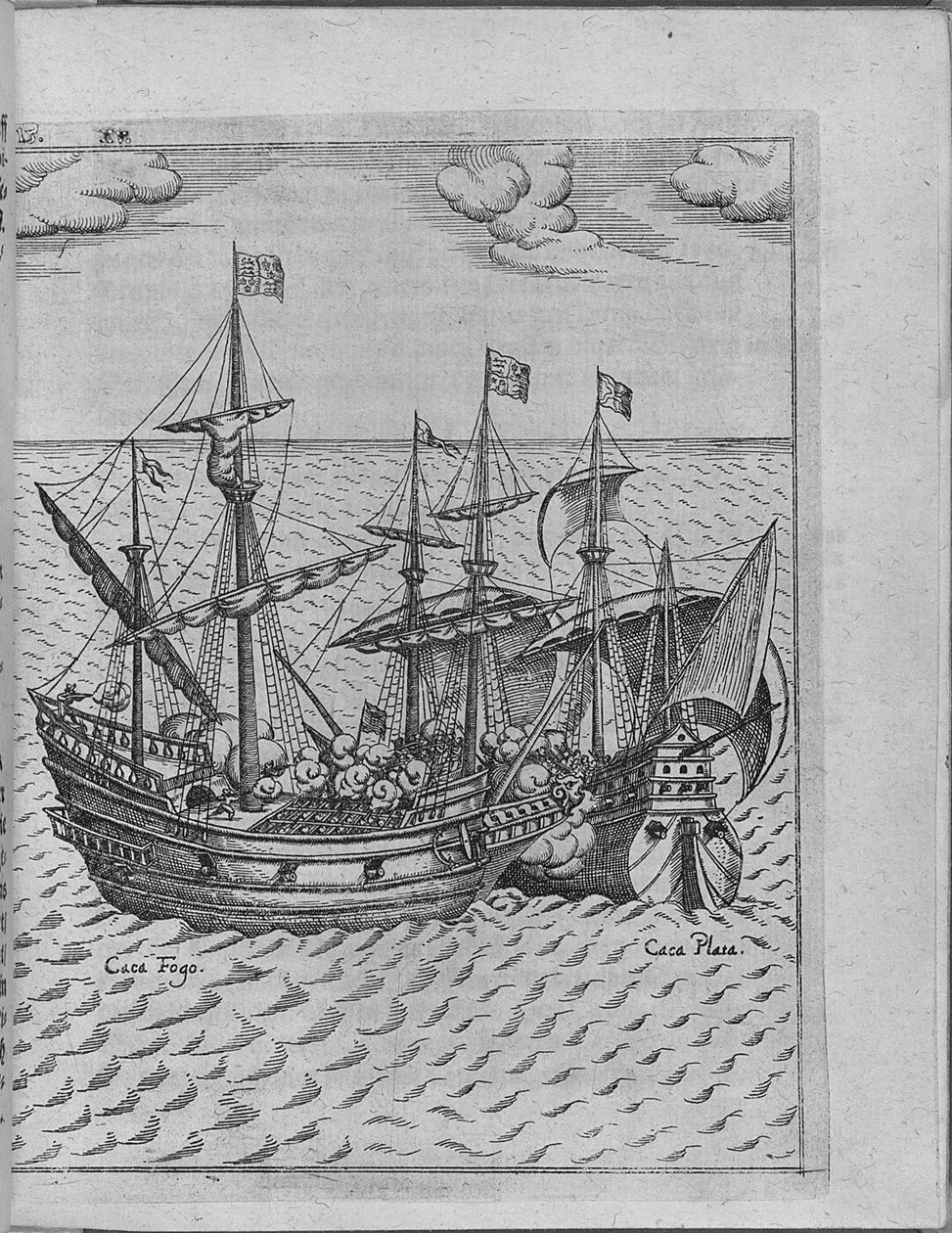 Batalla entre el barco Golden Hind de Francis Drake y el barco español Cacafuego. De Levinus Hulsius de Unbekannt