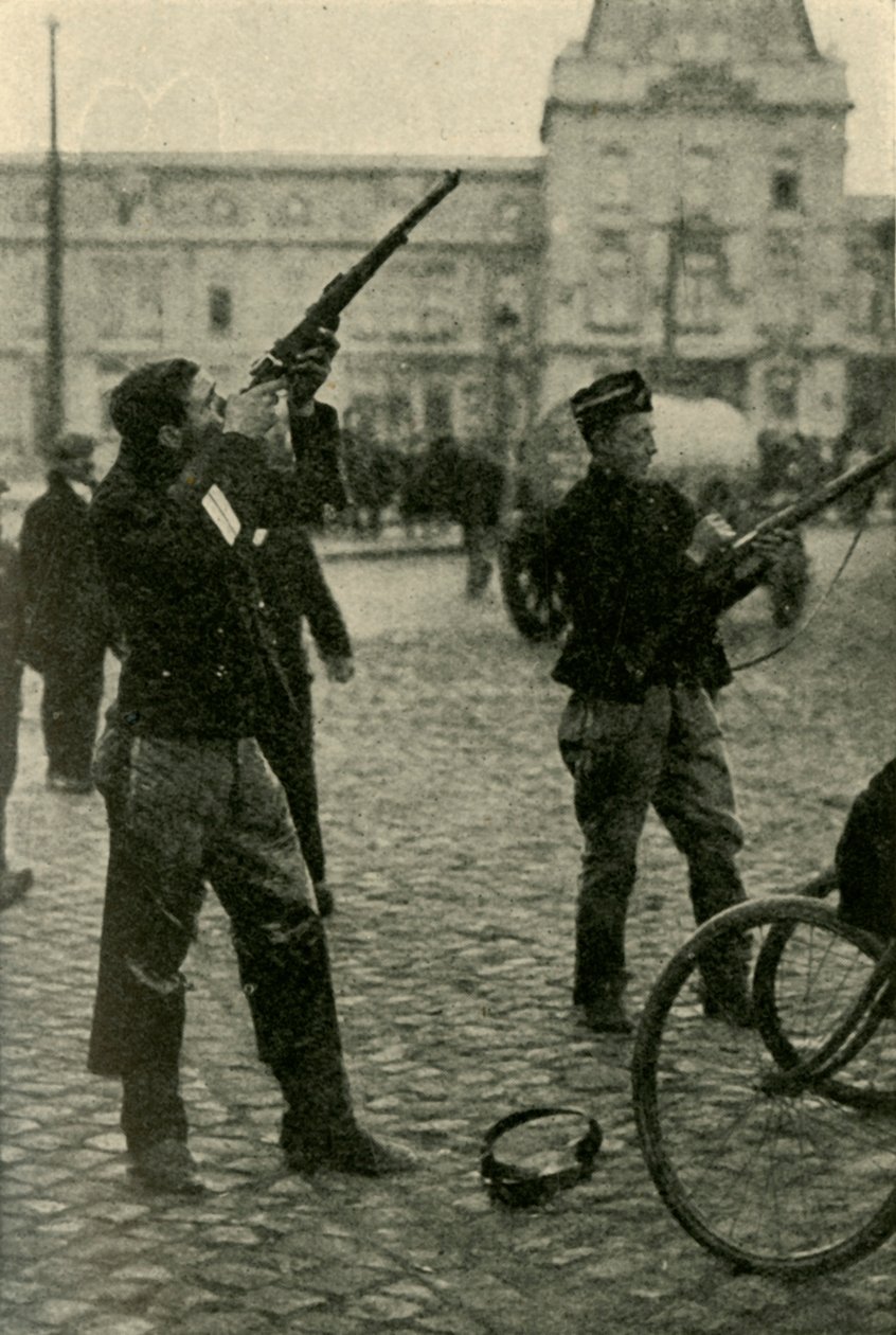 Ciclistas militares belgas disparando a un avión alemán, Primera Guerra Mundial de Unbekannt