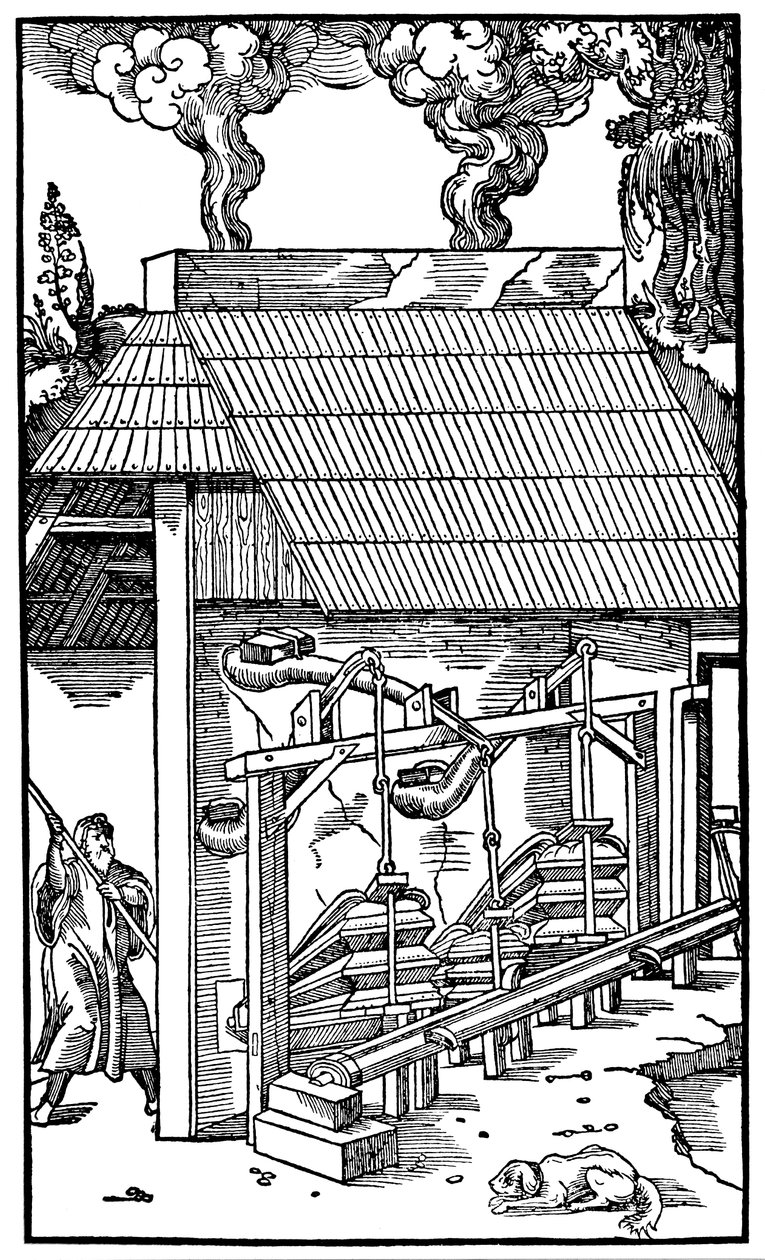 Fuelles suministrando aire a un horno de fundición, 1556 de Unbekannt