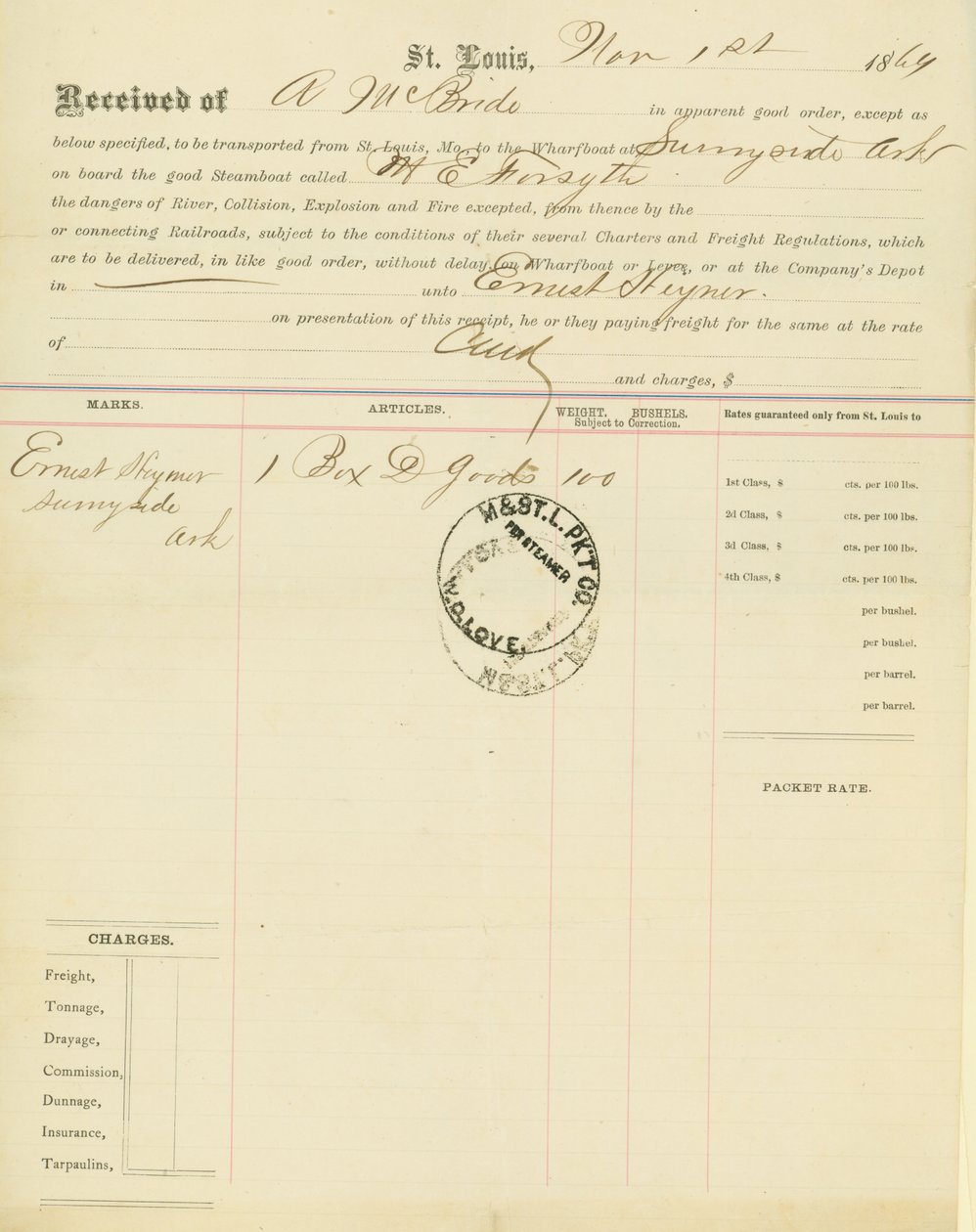 Conocimiento de embarque, barco de vapor M[ary] E. Forsyth, Sunnyside, Arkansas, 1 de noviembre de 1864 de Unbekannt