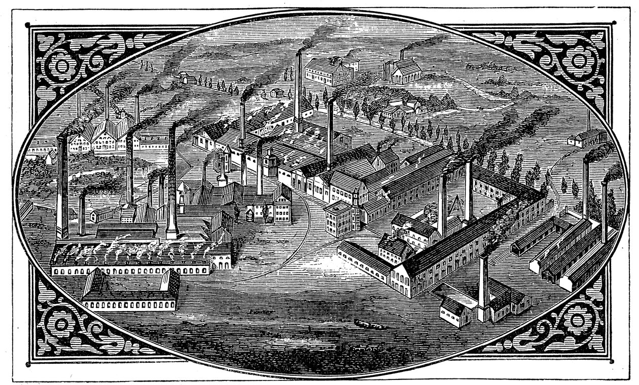 Vista aérea de las obras de Krupp, Essen, Alemania, 1876 de Unbekannt