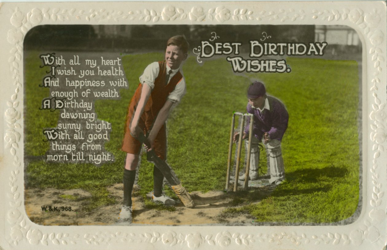 Tarjeta de cumpleaños con dos niños jugando al cricket de Unbekannt