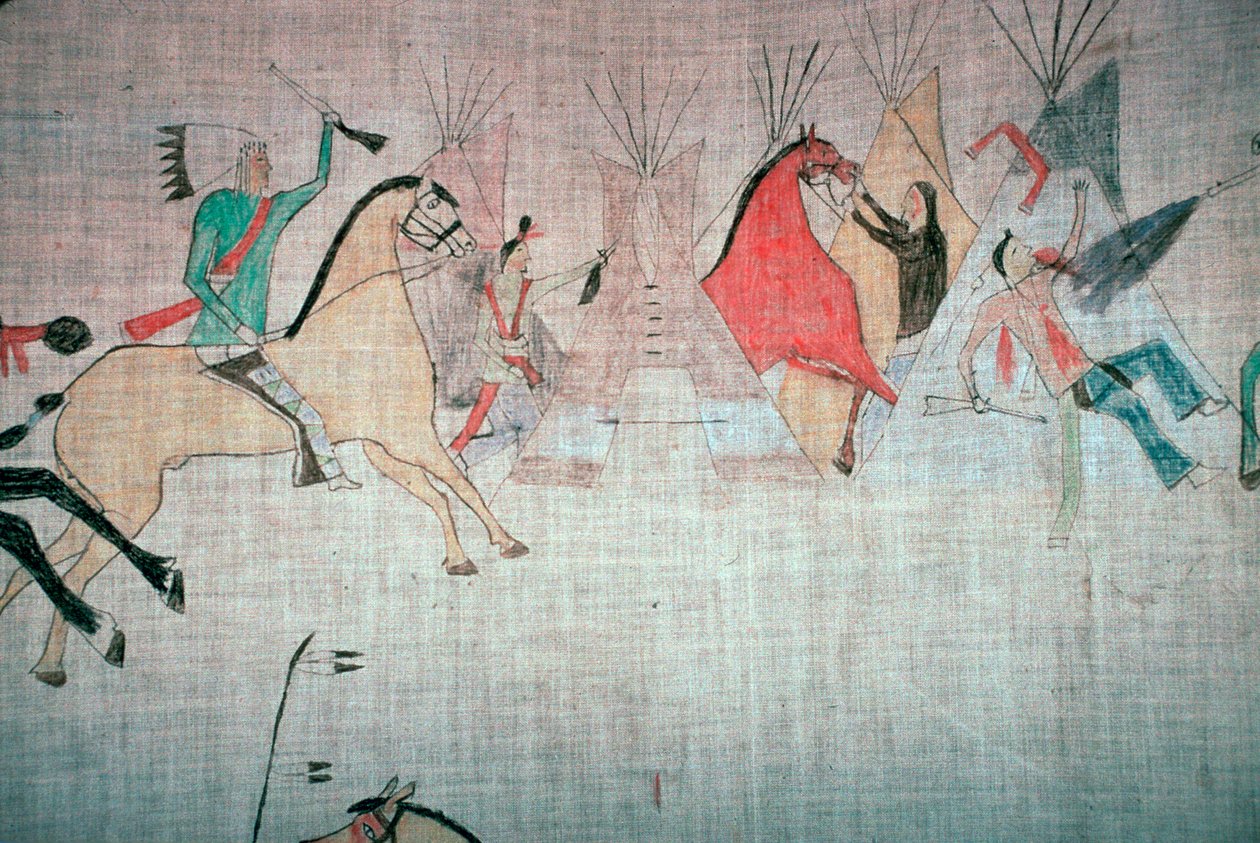 Revestimiento de tipi de los nativos americanos Blackfoot que muestra un ataque a un campamento de Unbekannt