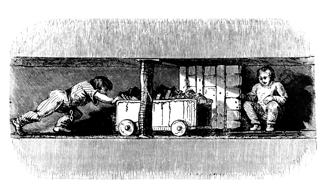 Niño empujando un camión cargado de carbón desde la cara del carbón hasta el fondo del pozo, c.1848 de Unbekannt