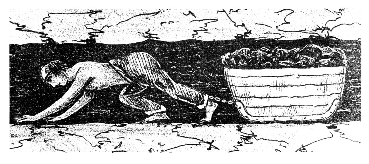 Niño minero arrastrando un trineo de carbón a lo largo de una veta estrecha, Gales del Sur, 1848 de Unbekannt