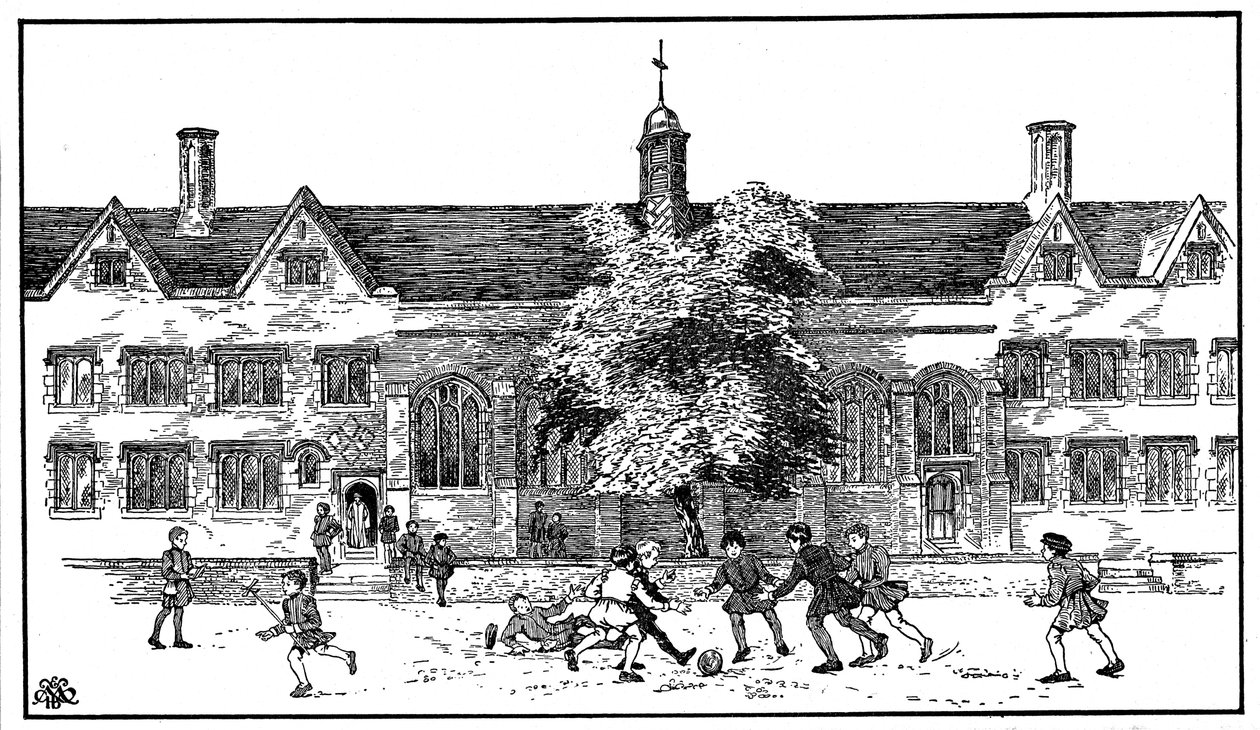 Niños en tiempos Tudor jugando al fútbol en la Escuela de Gramática de Berkhamsted, Hertfordshire de Unbekannt