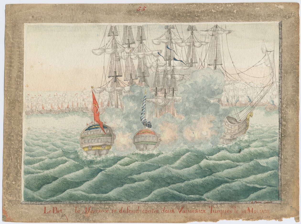 El bergantín Mercurio luchando contra dos barcos turcos el 14 de mayo de 1829, 1829 de Unbekannt