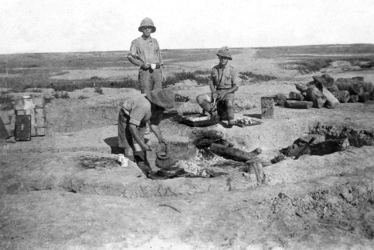 Compañía C del ejército británico cocinando, Mesopotamia, Primera Guerra Mundial, 1918 de Unbekannt