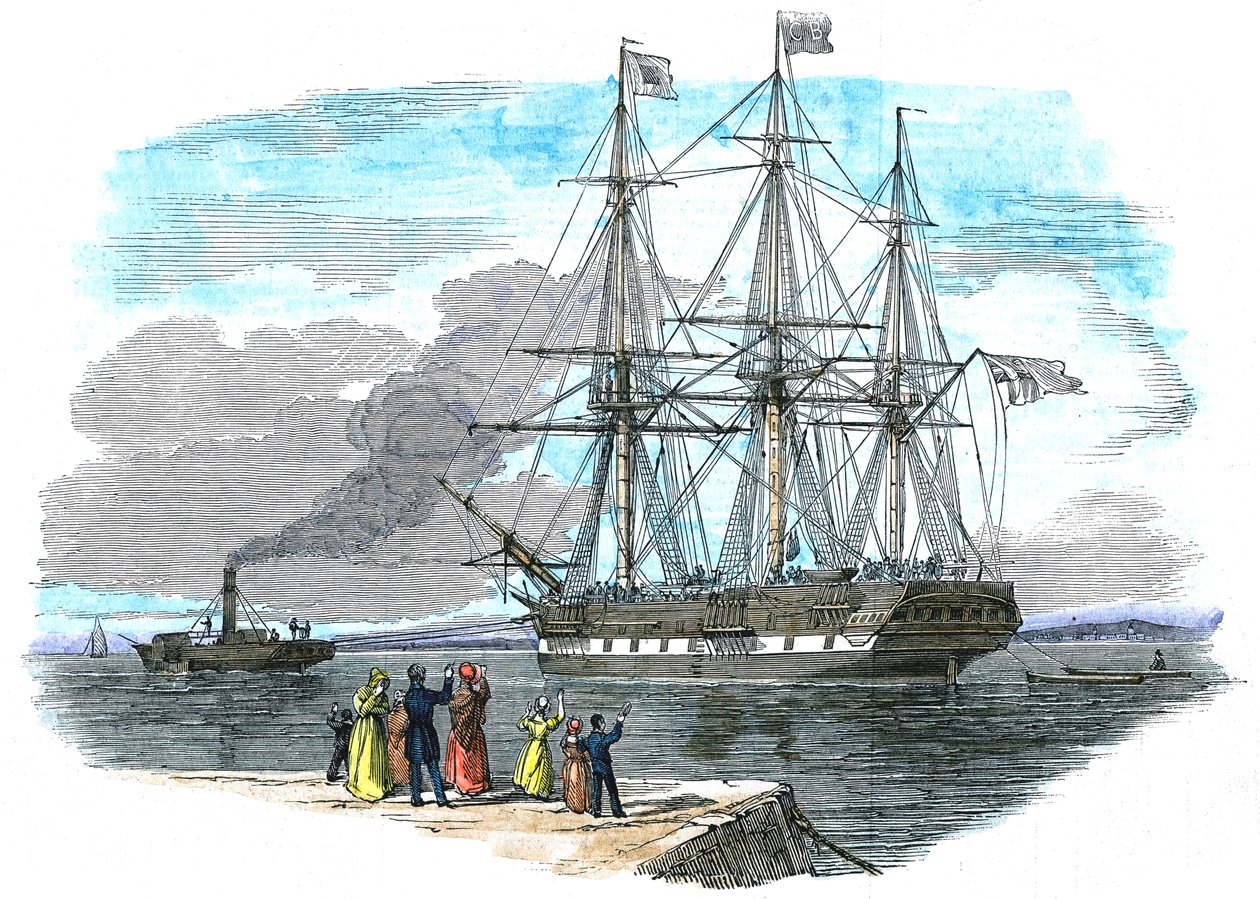 Barco emigrante británico siendo remolcado fuera del puerto antes de zarpar hacia Sídney, Australia de Unbekannt