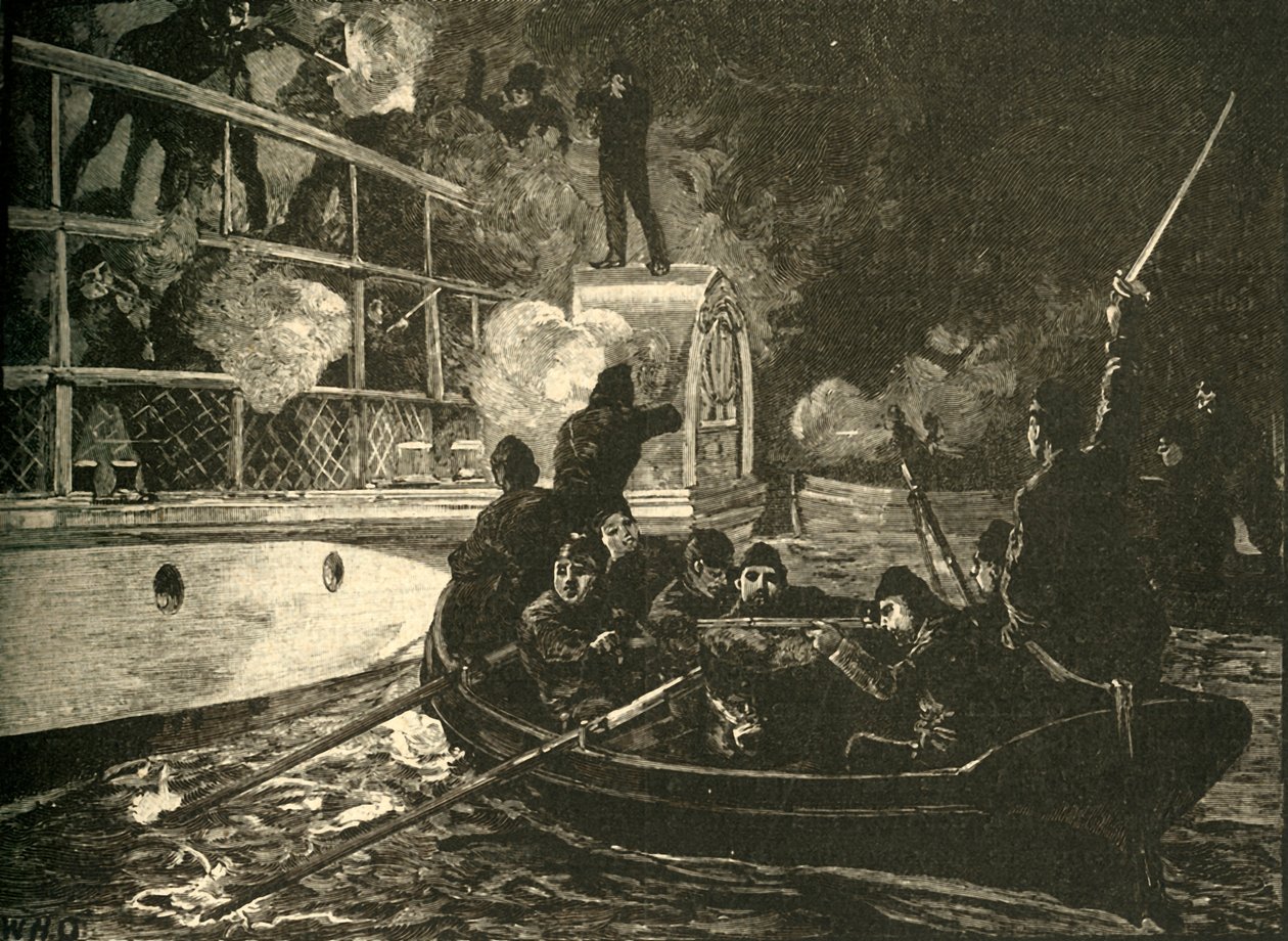 Fuerzas británicas capturando el barco rebelde canadiense Caroline en el río Niágara, 1837 c1890 de Unbekannt