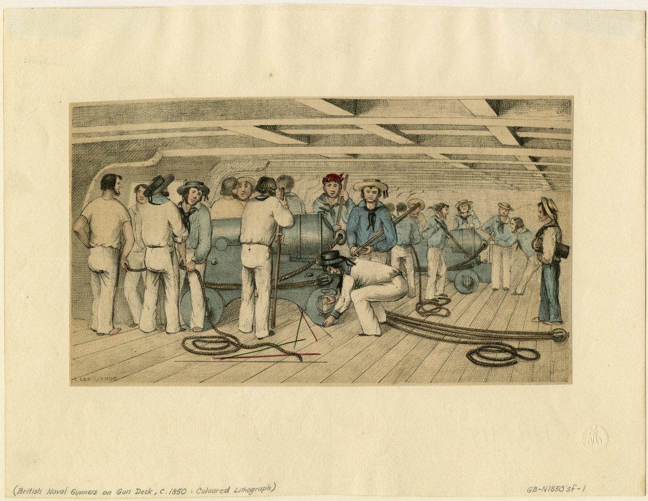 Artilleros navales británicos en la cubierta del cañón, c. 1850 de Unbekannt