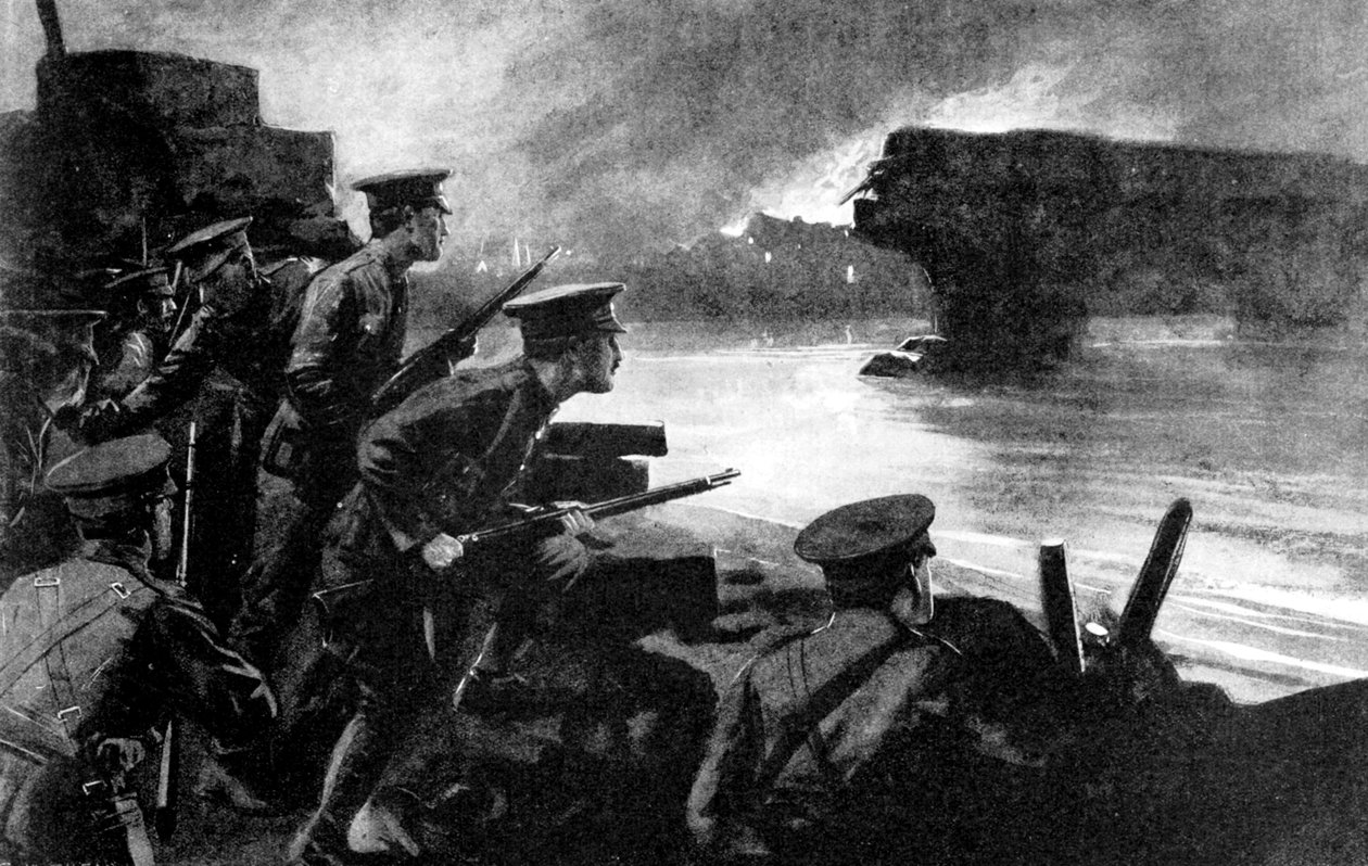 Tropas británicas en la ribera preparadas para el avance alemán, Bélgica, Primera Guerra Mundial, 1914 de Unbekannt