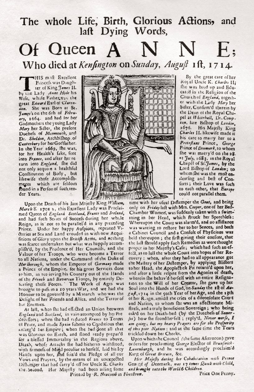 Hoja suelta publicada por la muerte de la Reina Ana, 1714 de Unbekannt
