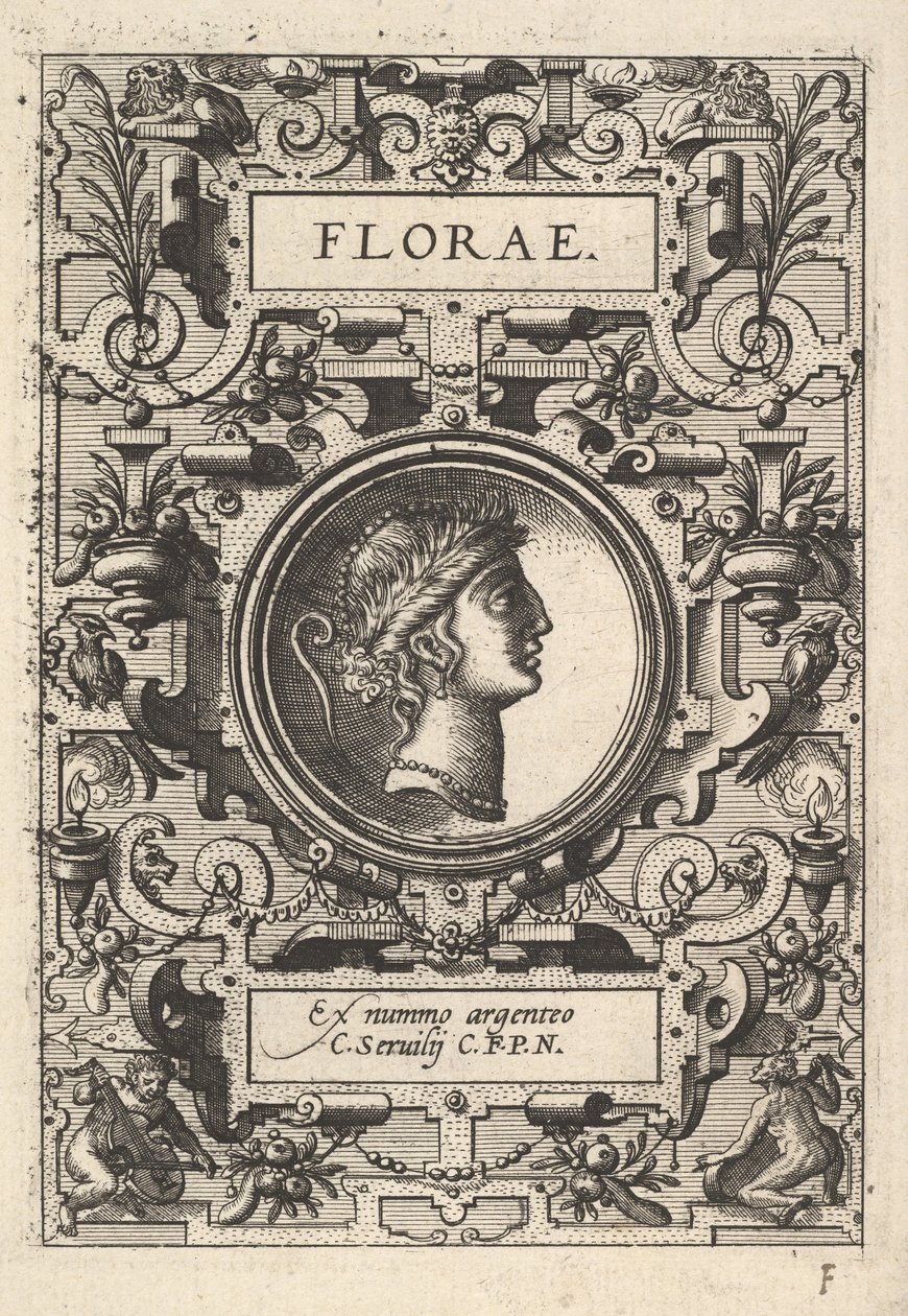 Busto de Flora rodeado de ornamentación, de la serie Deorum dearumque, un conjunto de imágenes..., 1573 de Unbekannt