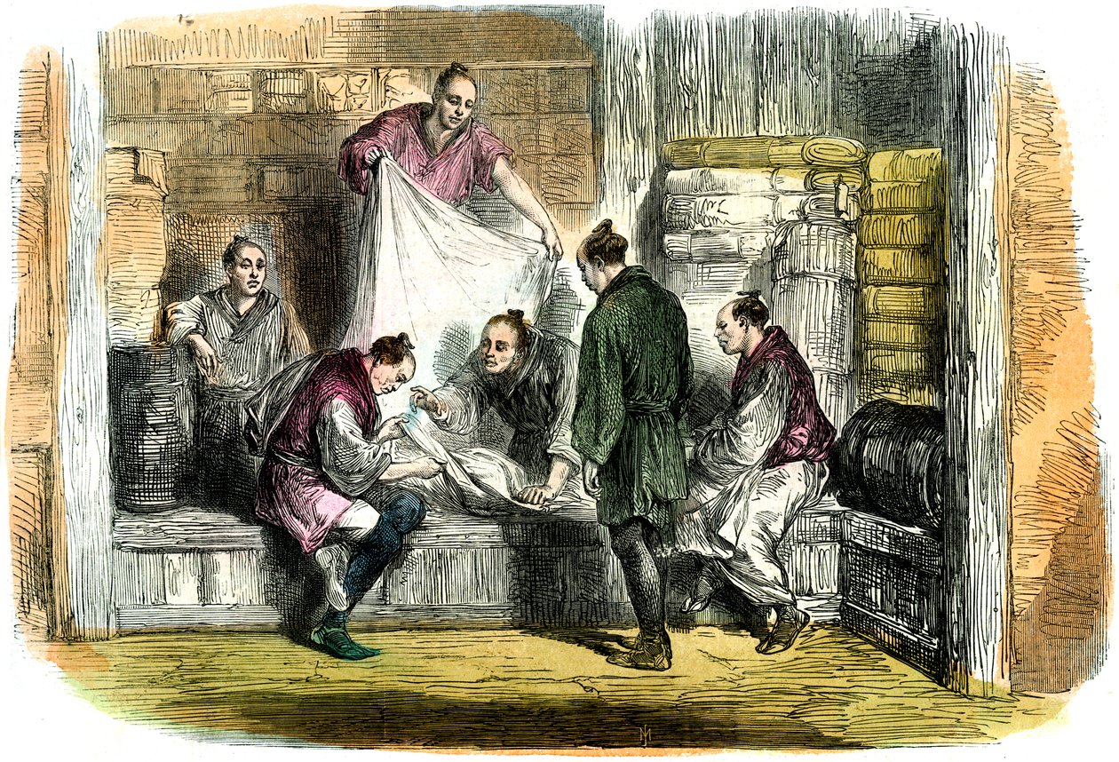 Comprando camlets en una tienda, Yokohama, Japón, 1865 de Unbekannt