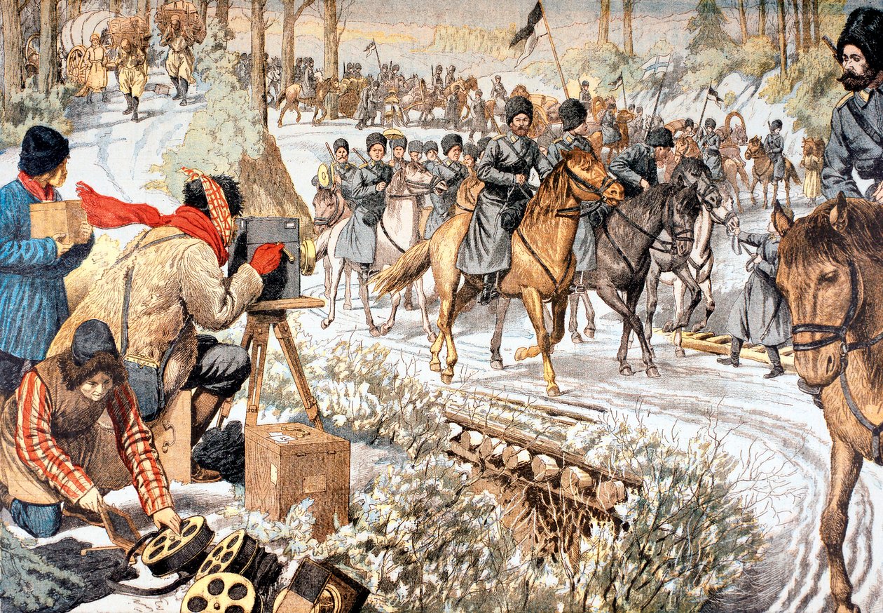 Camarógrafo filmando tropas rusas en Manchuria para un noticiero temprano, Guerra Ruso-Japonesa, 1904 de Unbekannt