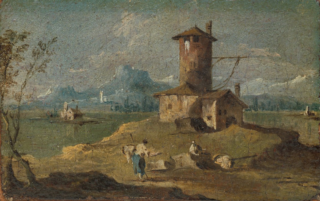 Capricho con una isla, una torre y casas de Unbekannt