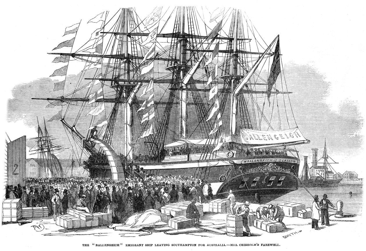 Caroline Chisholm dirigiéndose a una multitud desde el barco emigrante Ballengeich de Unbekannt