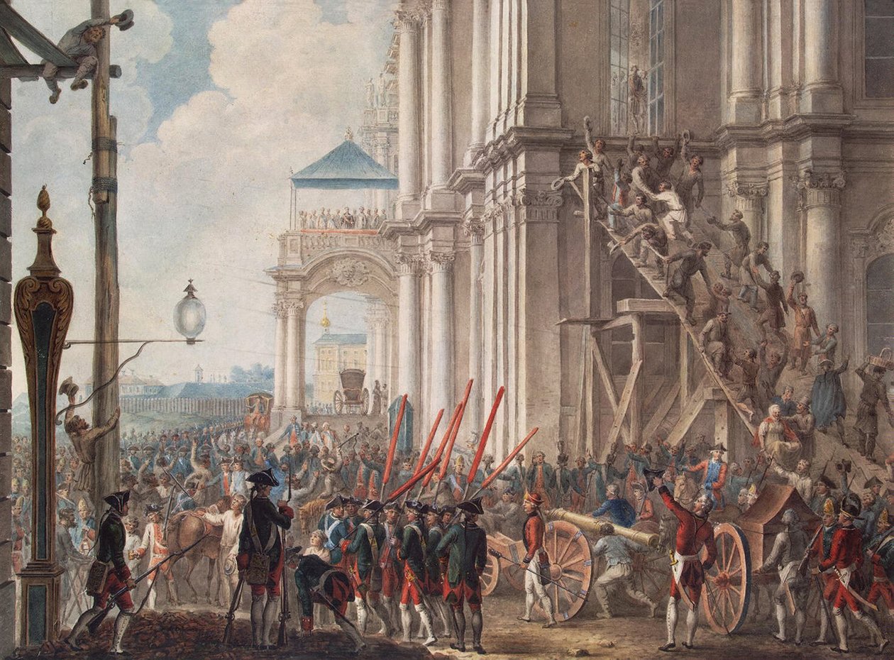Catalina II en el balcón del Palacio de Invierno, saludada por los guardias el día de la Revolución del Palacio el 28 de junio de 1762, finales del siglo XVIII de Unbekannt
