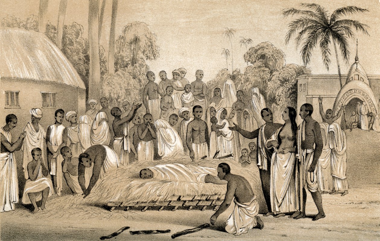 Ceremonia de quema de una viuda hindú con el cuerpo de su difunto esposo, 1847 de Unbekannt