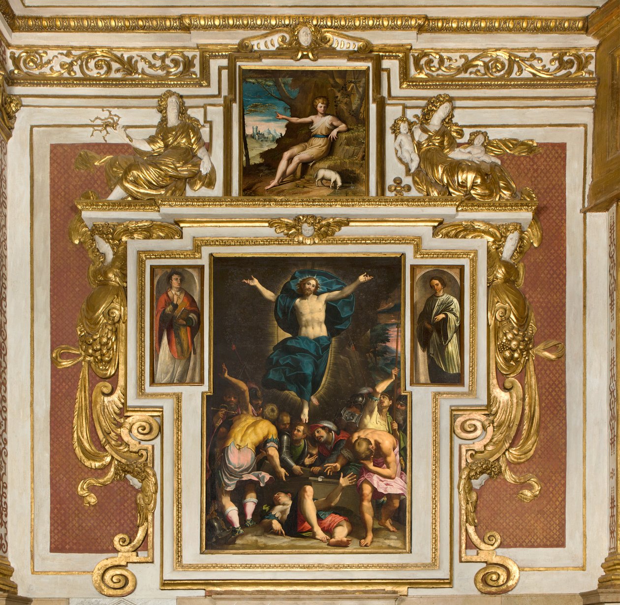 Capilla de Nuestra Señora del Pueblo, segundo tramo lado sur, Giovan Battista Trotti conocido como el Malosso, Resurrección 1594, Bernardino Campi, San Giovanni en el desierto 1569, Catedral de Santa María Assunta, Duomo, Cremona, Lombardía, Italia de Unbekannt