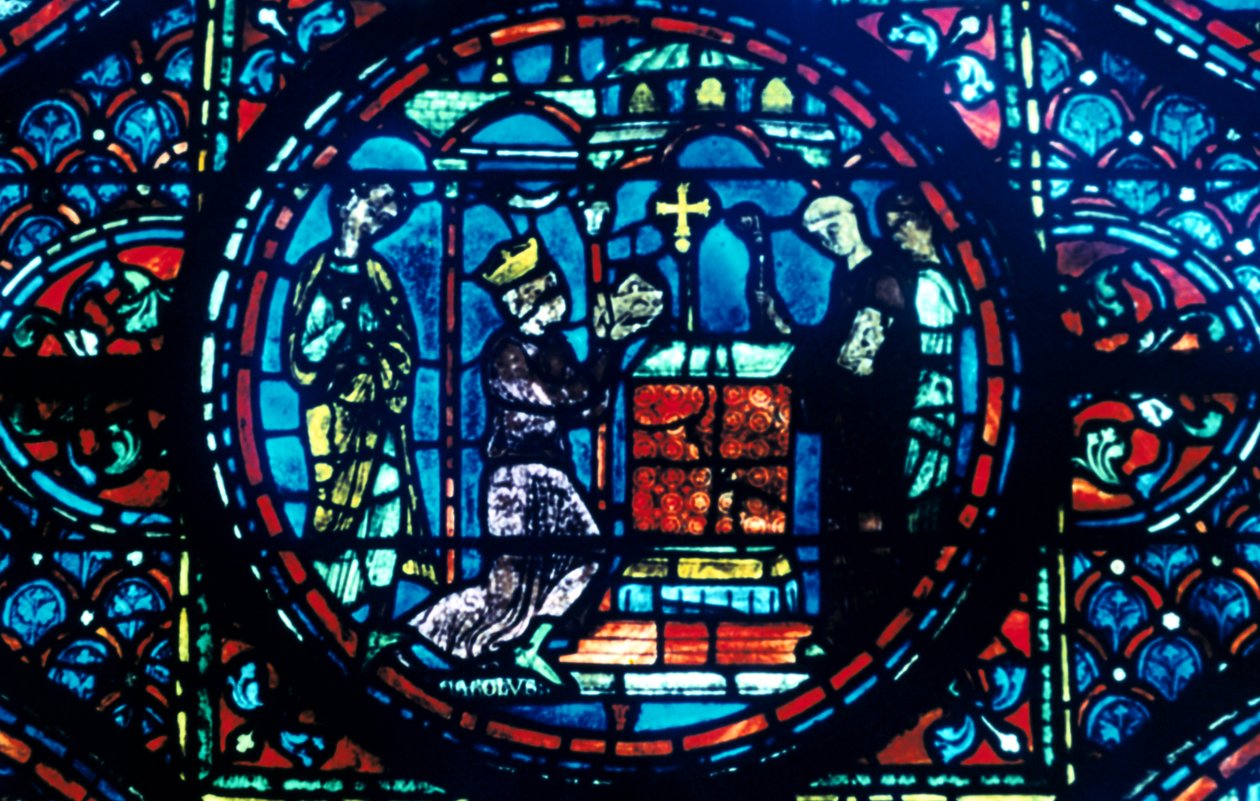 Carlomagno entrega reliquias a la Capilla de Aix, vidriera, Catedral de Chartres, Francia de Unbekannt