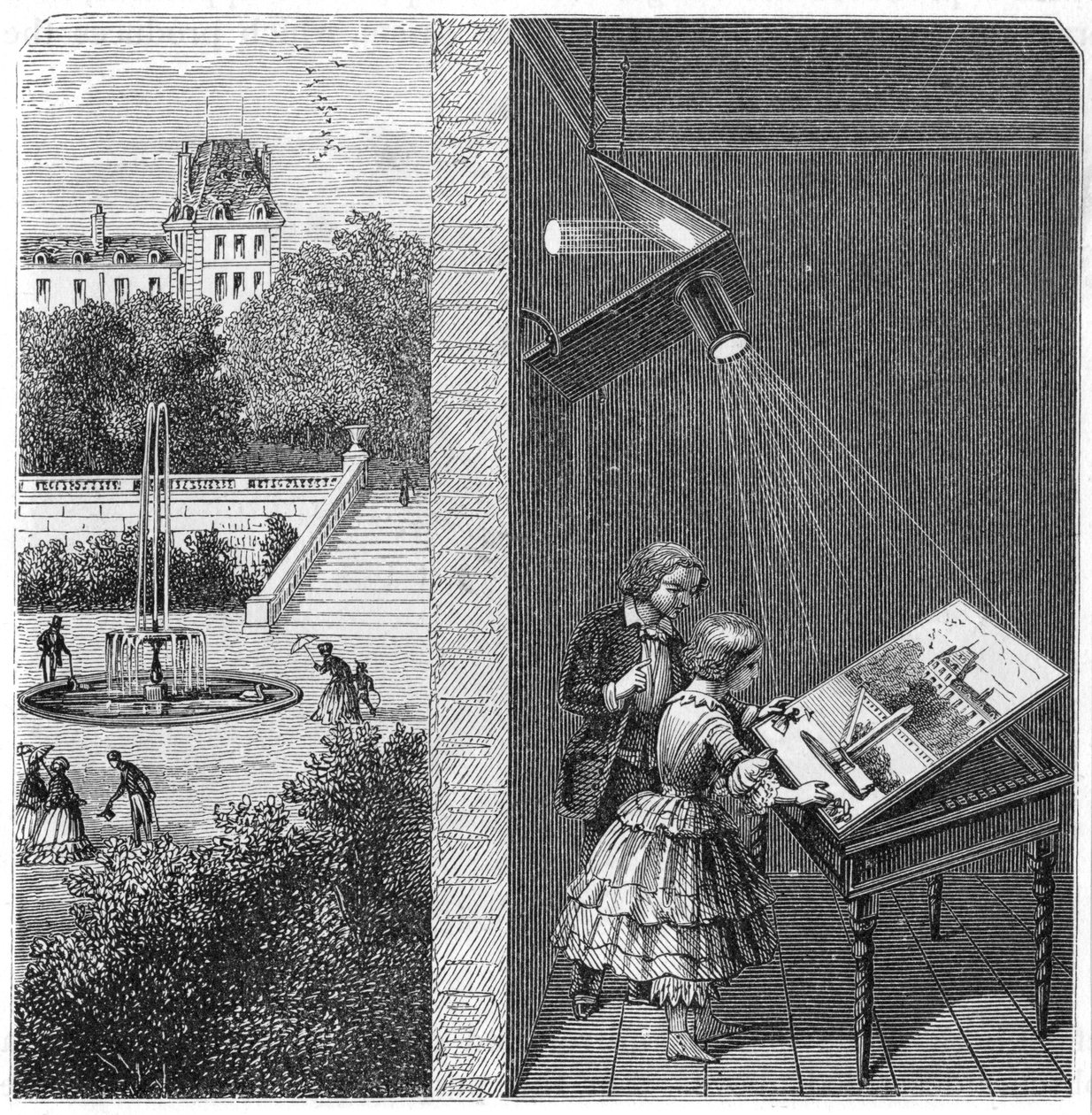 Niños viendo una escena al aire libre a través de una cámara oscura, 1887 de Unbekannt