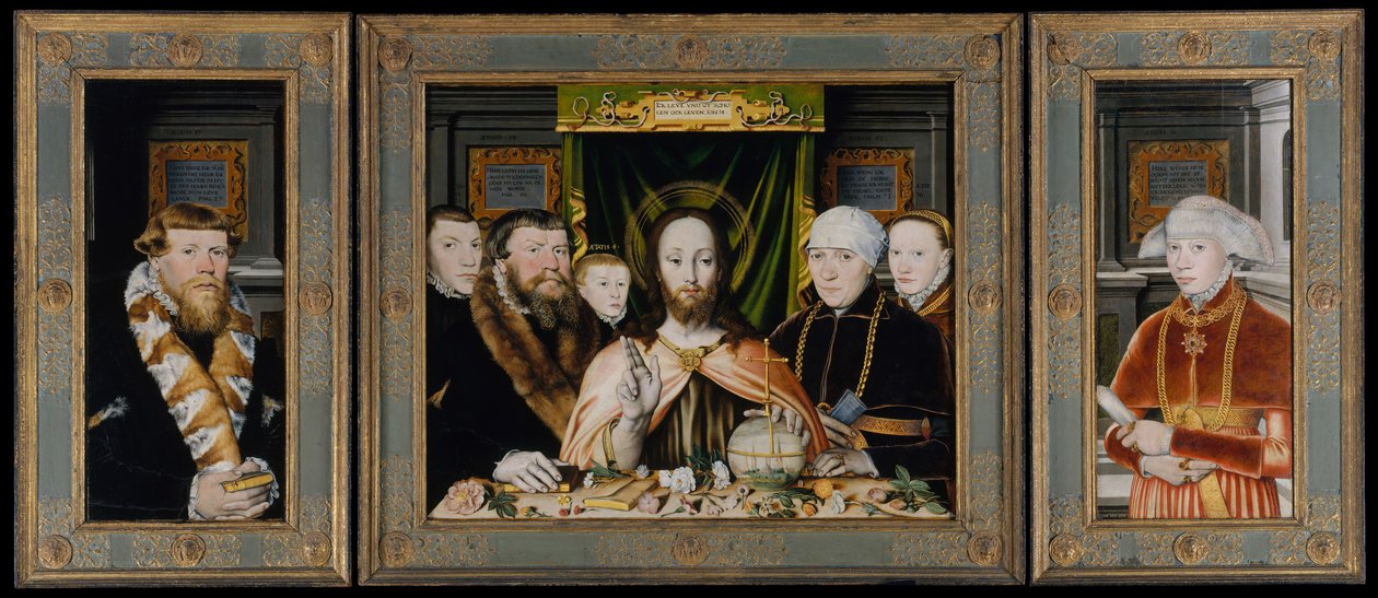 Cristo bendiciendo, rodeado por una familia donante, ca. 1573-82 de Unbekannt