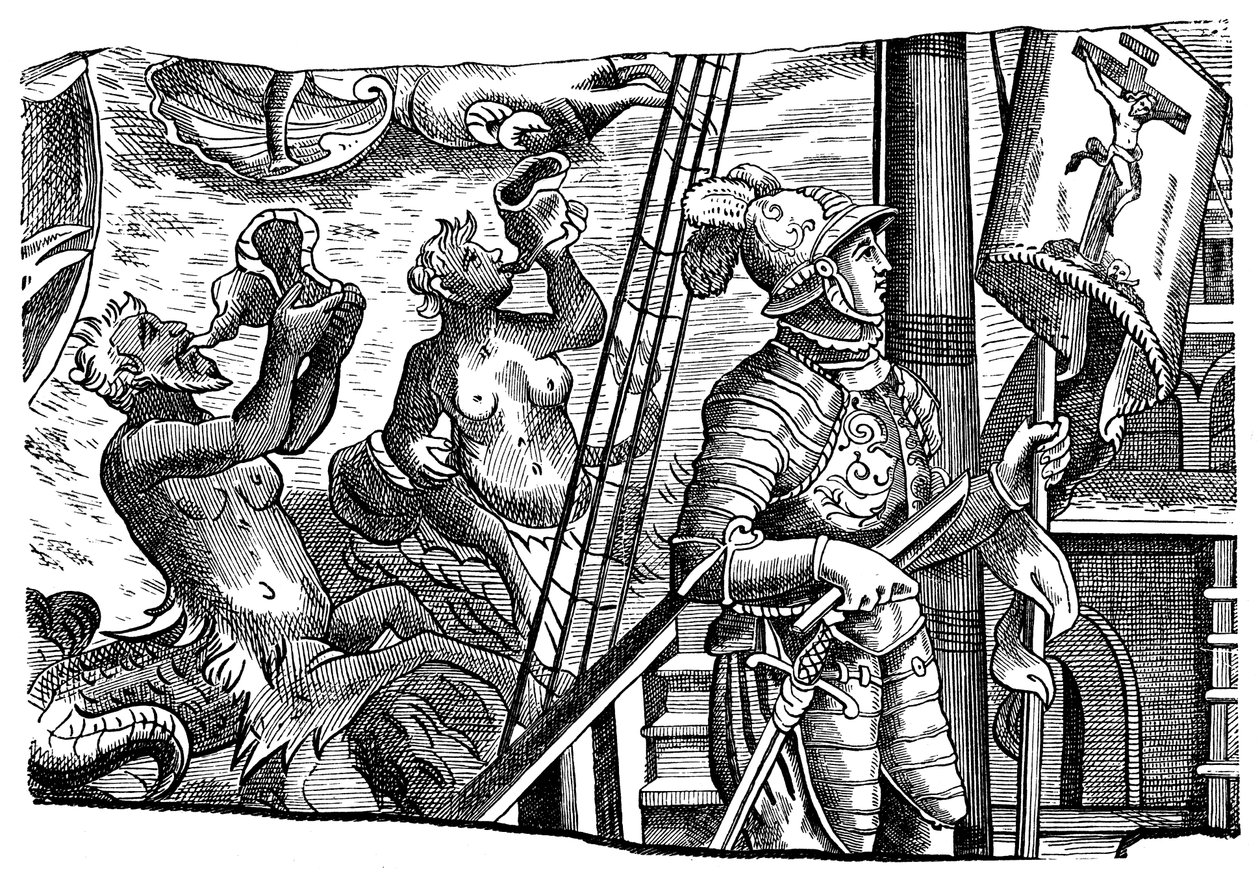 Cristóbal Colón durante su viaje a América, grabado, c1500 de Unbekannt