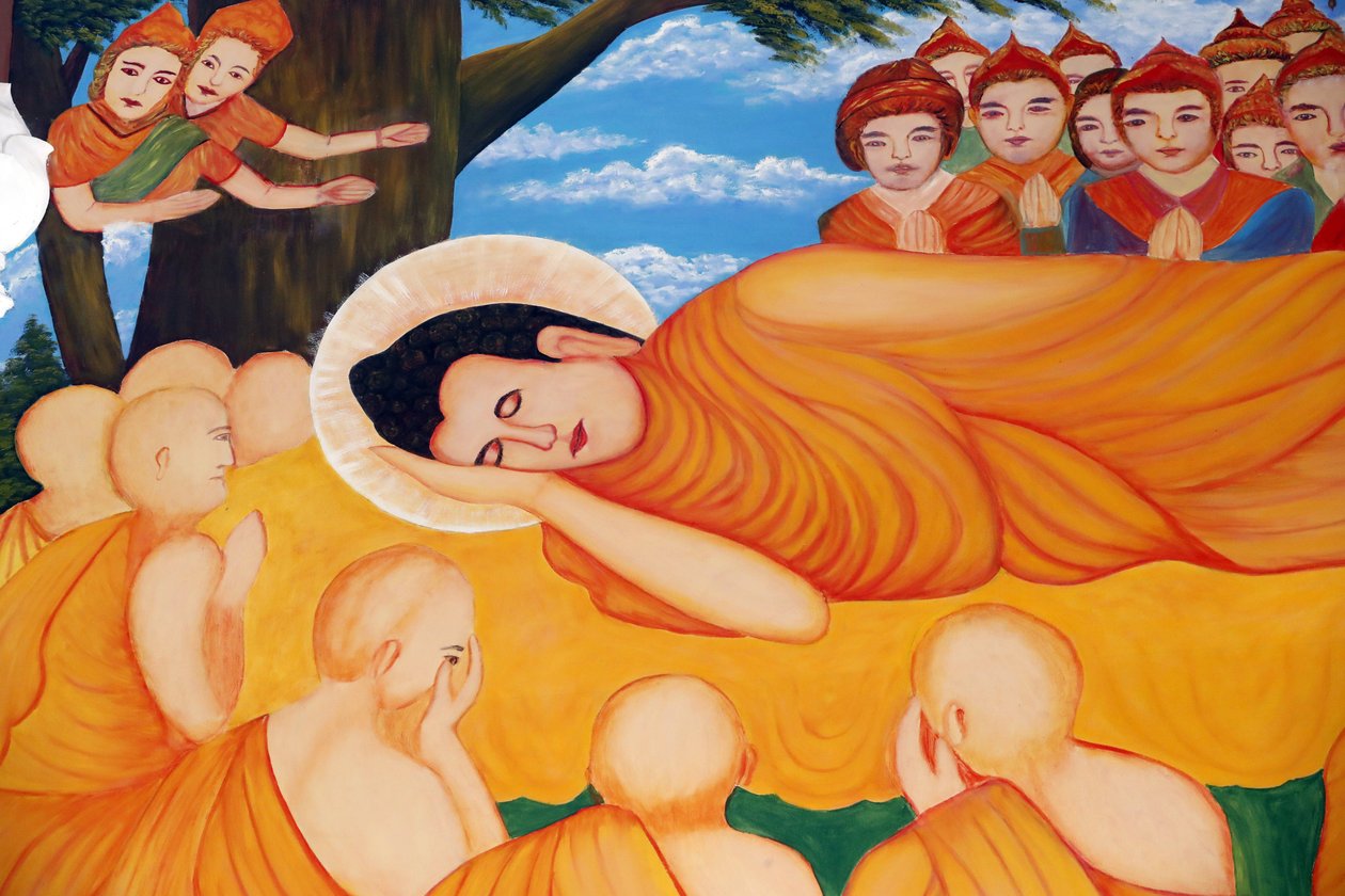 Templo budista Chua Tu Quang. Pintura de Buda reclinado. Después de 45 años de enseñar el Dharma, el Buda pasó al Parinirvana. Vung Tau. Vietnam de Unbekannt