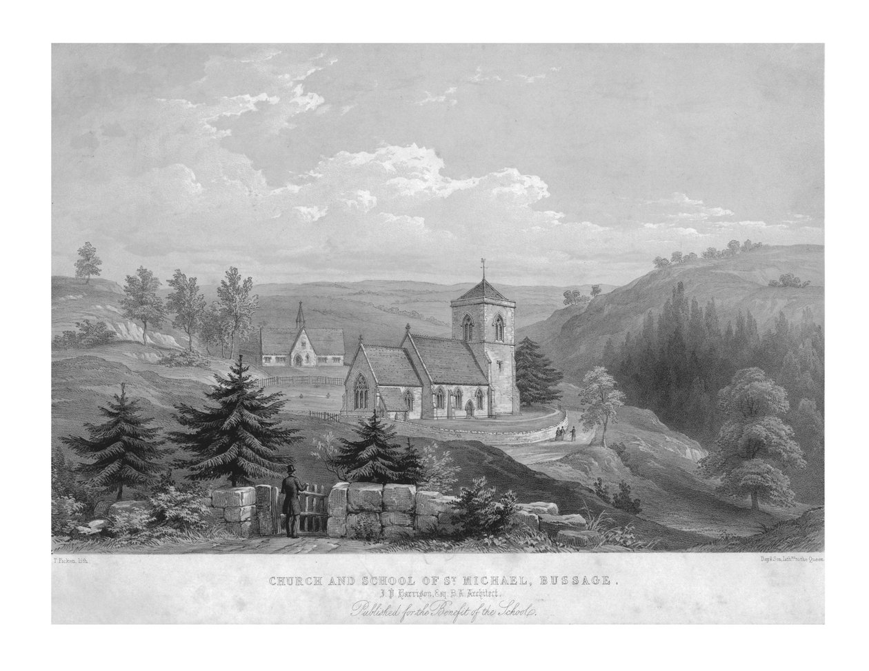Iglesia y escuela de San Miguel, Bussage, c. 1800 de Unbekannt