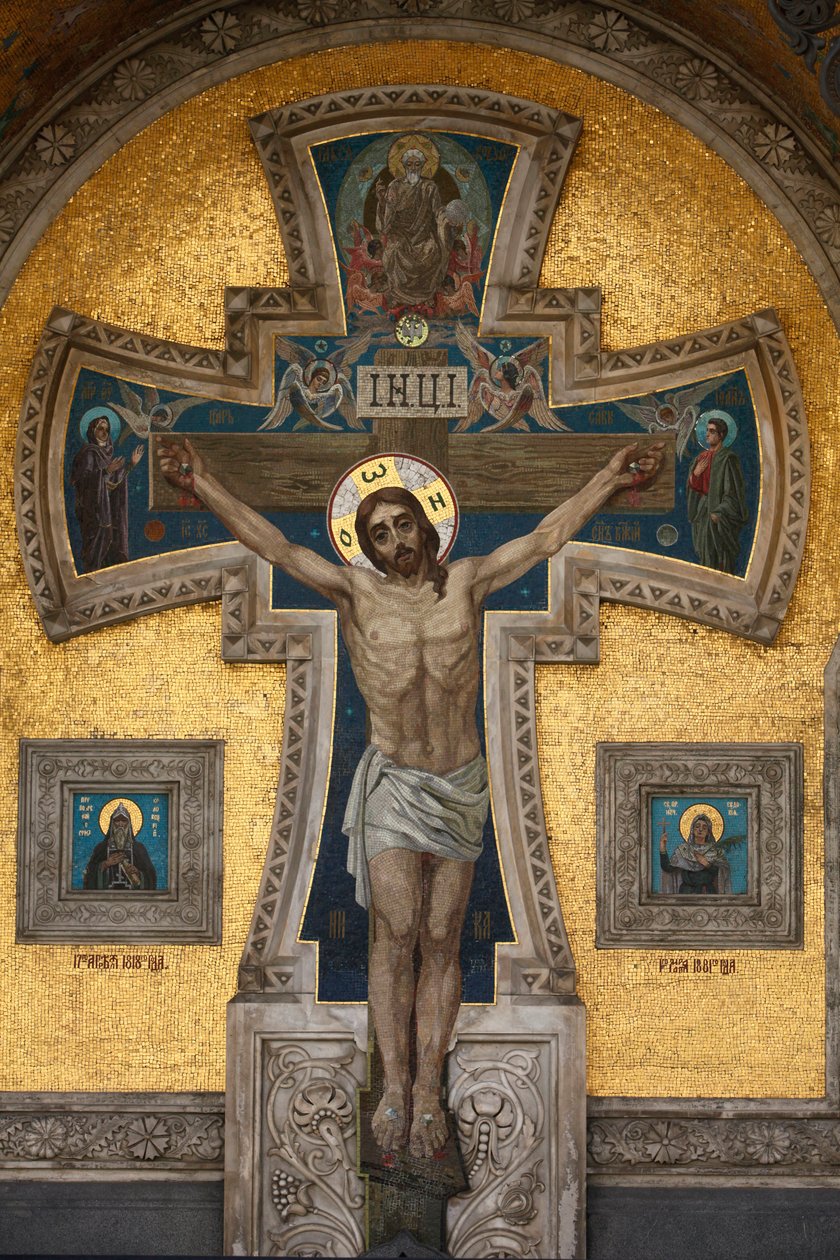 Iglesia del Salvador sobre la Sangre Derramada o Iglesia de la Resurrección; Mosaico de la fachada; La crucifixión; San Petersburgo, Rusia de Unbekannt