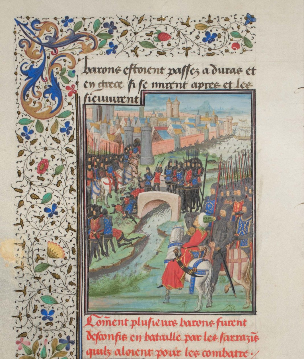 Choque del ejército de los barones y los sarracenos. Miniatura de la Historia de Guillermo de Tiro, 1460s de Unbekannt