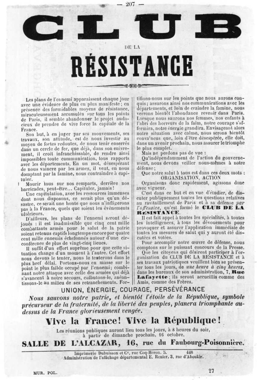 Club de la Resistencia, de los carteles políticos franceses de la Comuna de París, mayo de 1871 de Unbekannt