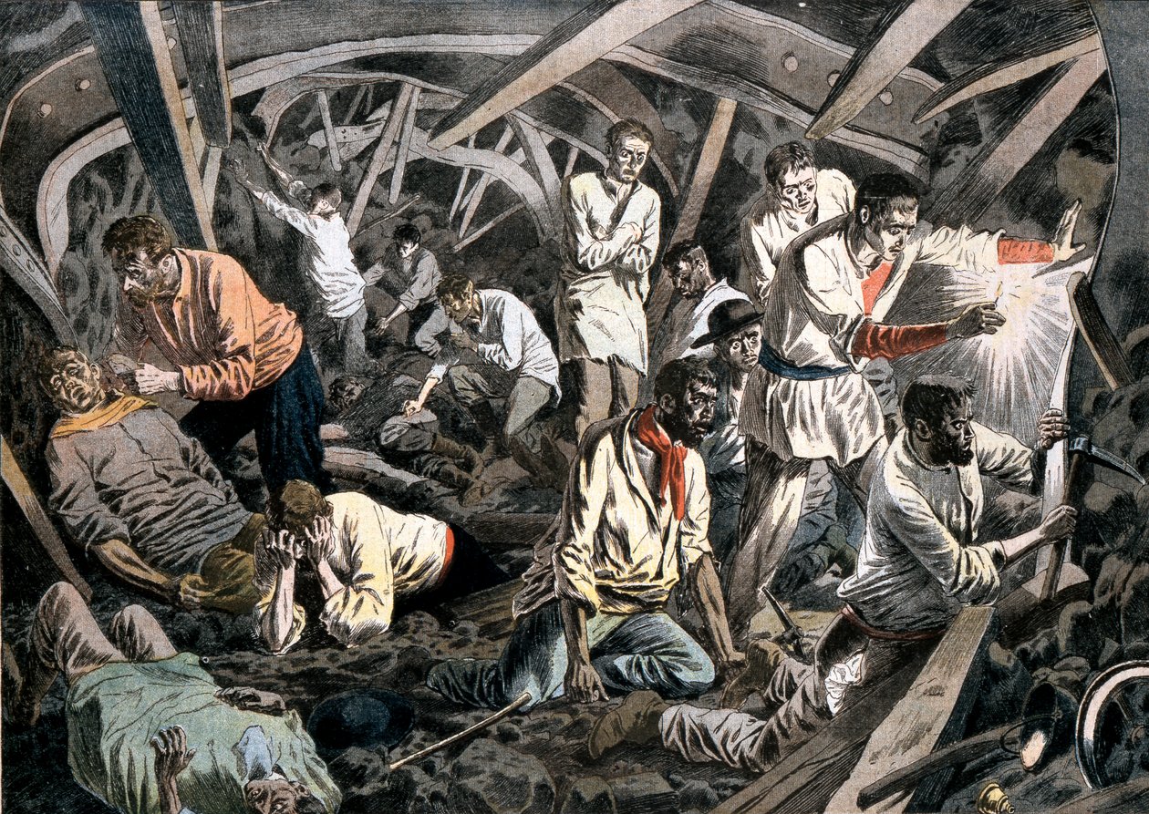 Mineros de carbón atrapados bajo tierra por un derrumbe, Minas de Courrieres, Pas-de-Calais, Francia, 1906 de Unbekannt