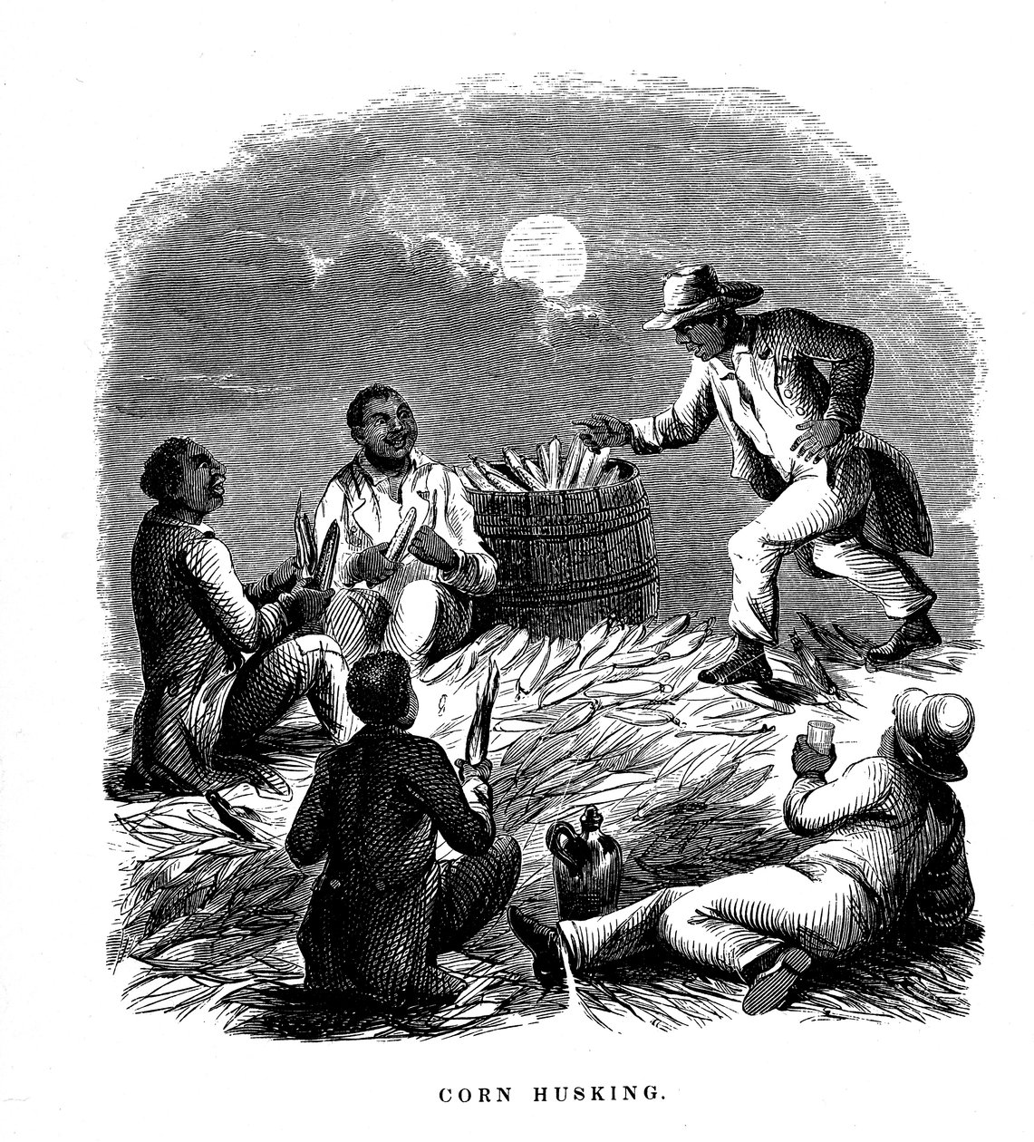Deshojando maíz, trabajadores negros deshojando maíz, sur de EE.UU., c. 1850 de Unbekannt
