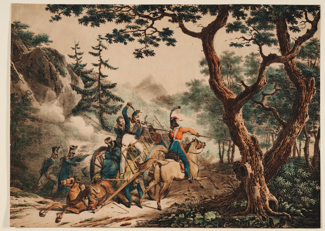 Cosacos atacando a soldados franceses en un bosque, 1825 de Unbekannt