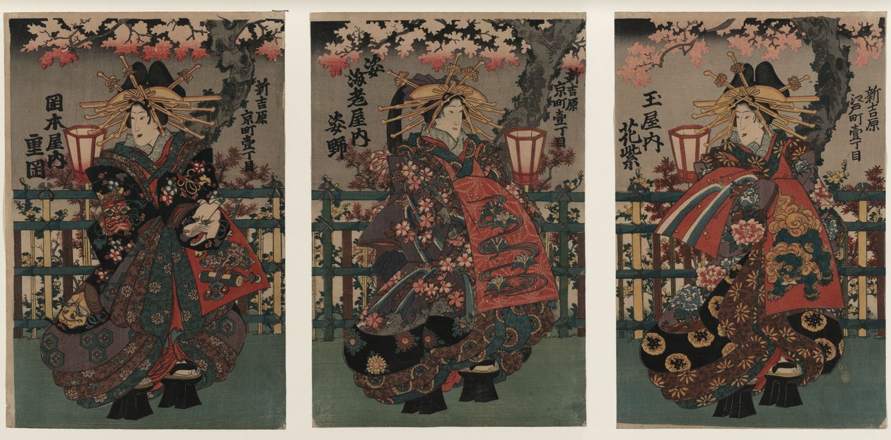 Cortesanas Shigeoka, Sugatano y Hanamurasaki. Tríptico. De la serie Las bellezas de Yoshiw de Unbekannt