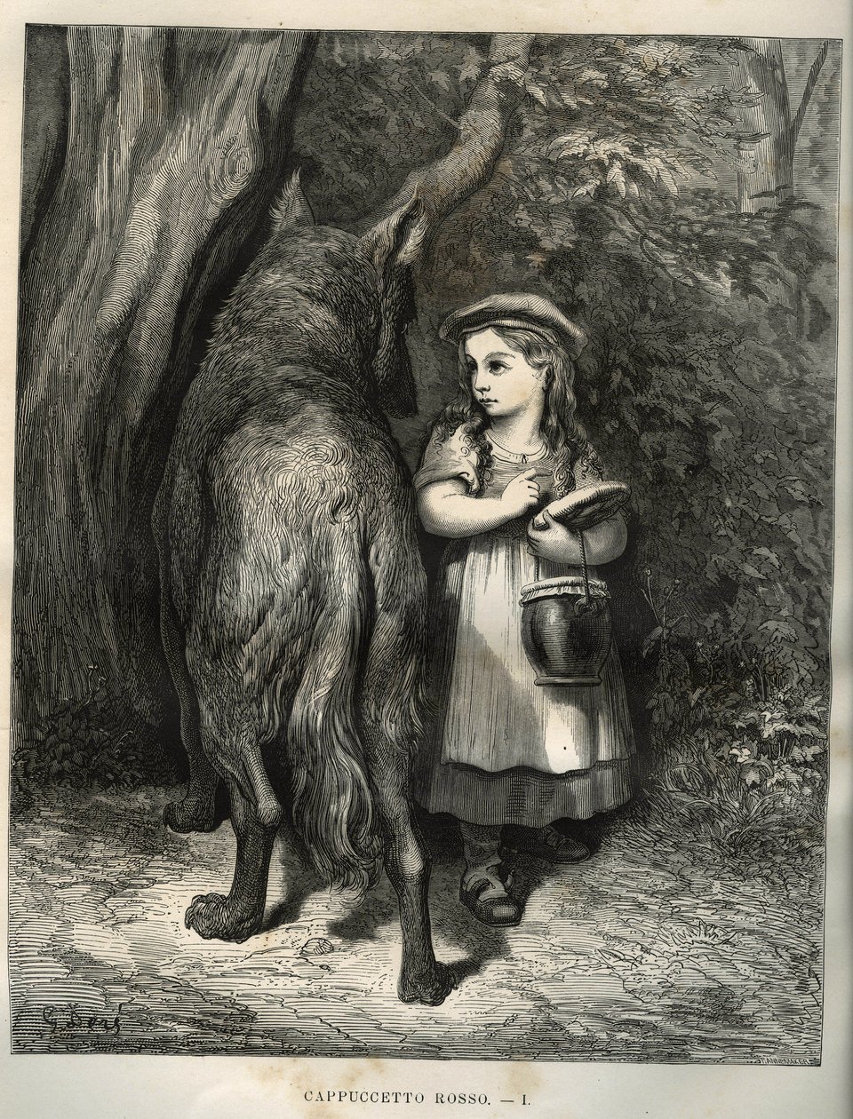 Cruzando el bosque, Caperucita Roja se encuentra con el lobo. Grabado de Gustave Doré (1832-1883) de Les contes de Charles Perrault (1628-1703) de Unbekannt